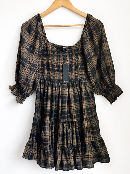 Lulus Dresses & Skirts - Lulu's Black and Tan Plaid Flannel Smocked Puff-Sleeve Tiered Mini Dress